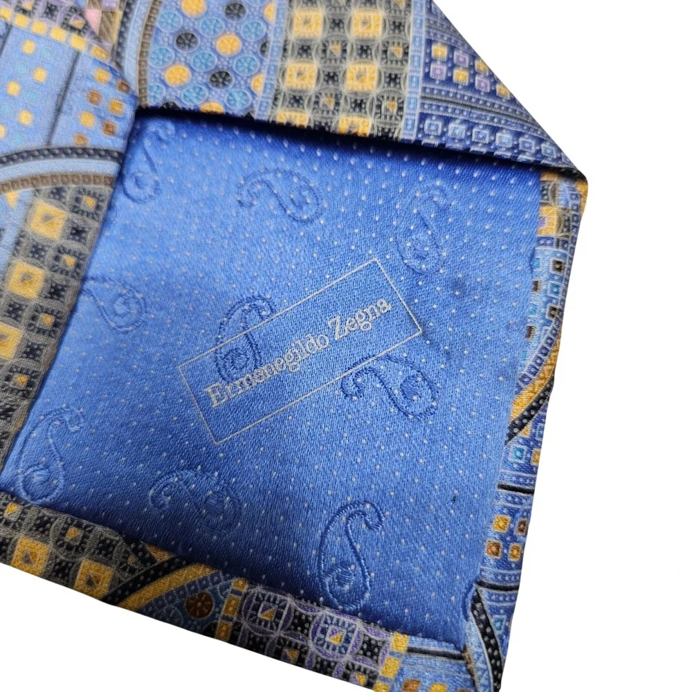 Ermenegildo‎ Zegna Quindici Tie Mens OS Blue Geometric Mosaic Silk Made in Italy